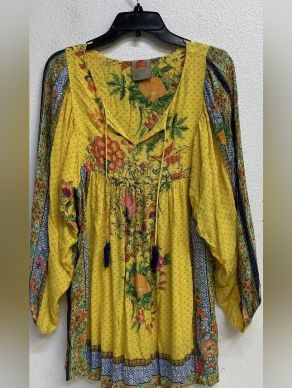 Anthropologie FARM Yellow Floral Print Dress with Green and Orange Accents